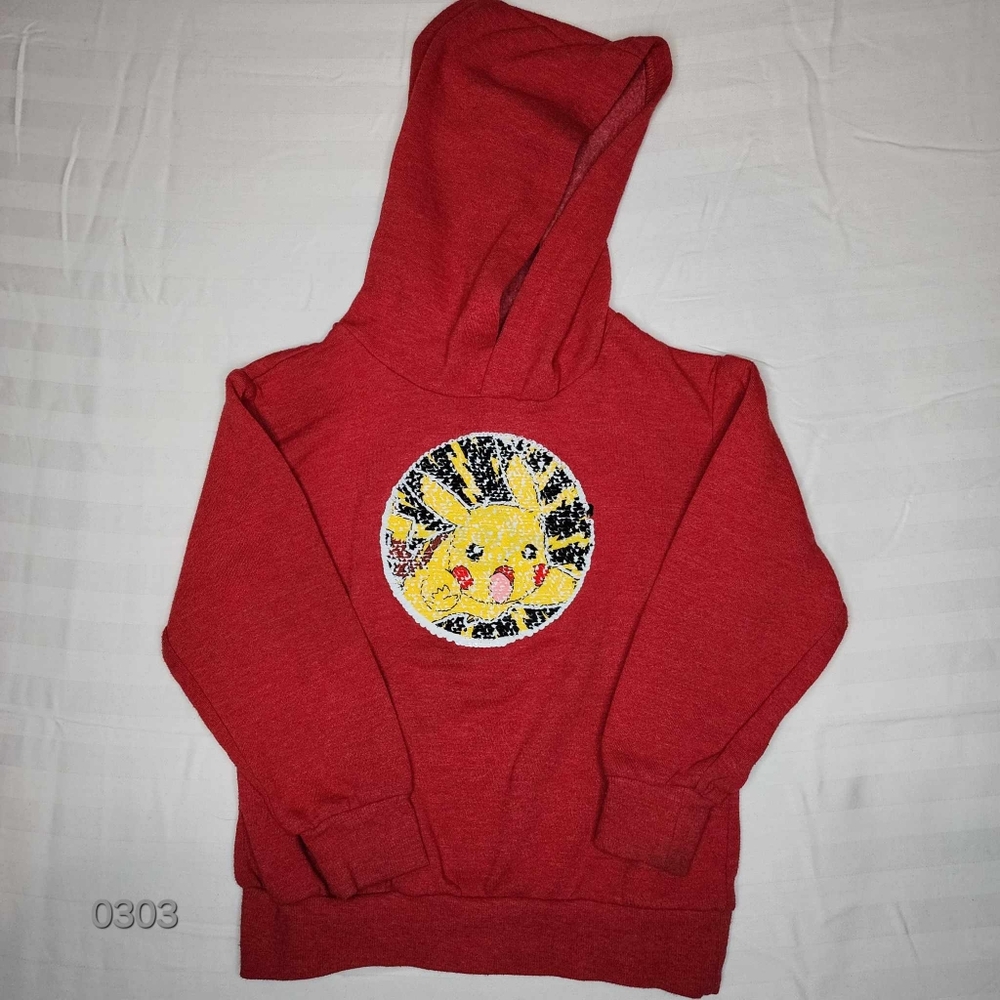 USED Pokemon Hoodie Pikachu Flip Sequin Pullover Sweatshirt Youth Girls Boys X-S
